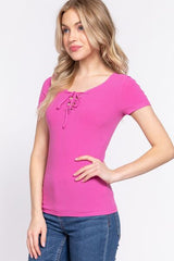 ACTIVE BASIC Lace Up Short Sleeve Rib Knit T-Shirt king-general-store-5710.myshopify.com