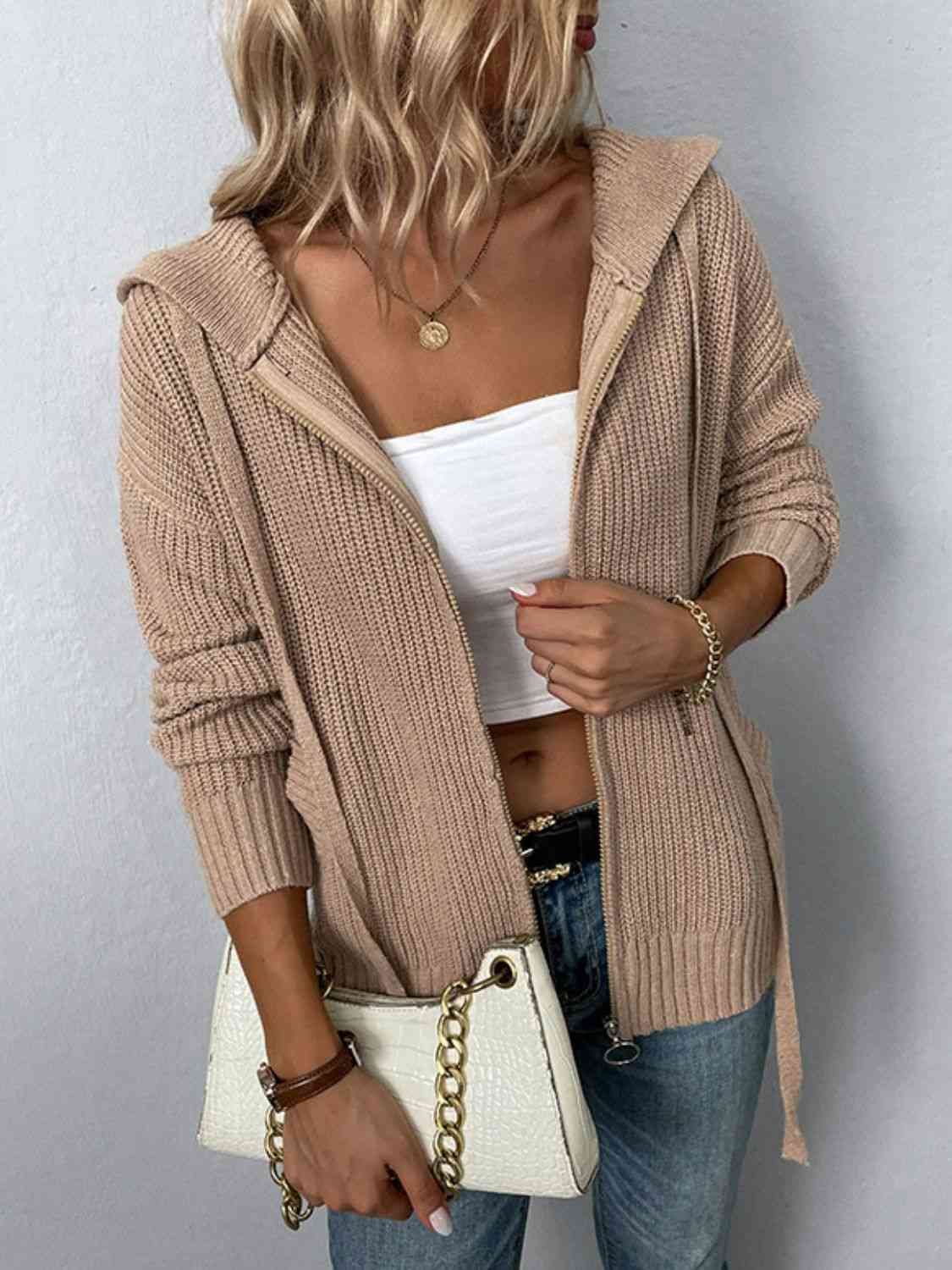 Zip-Up Drawstring Detail Hooded Cardigan king-general-store-5710.myshopify.com