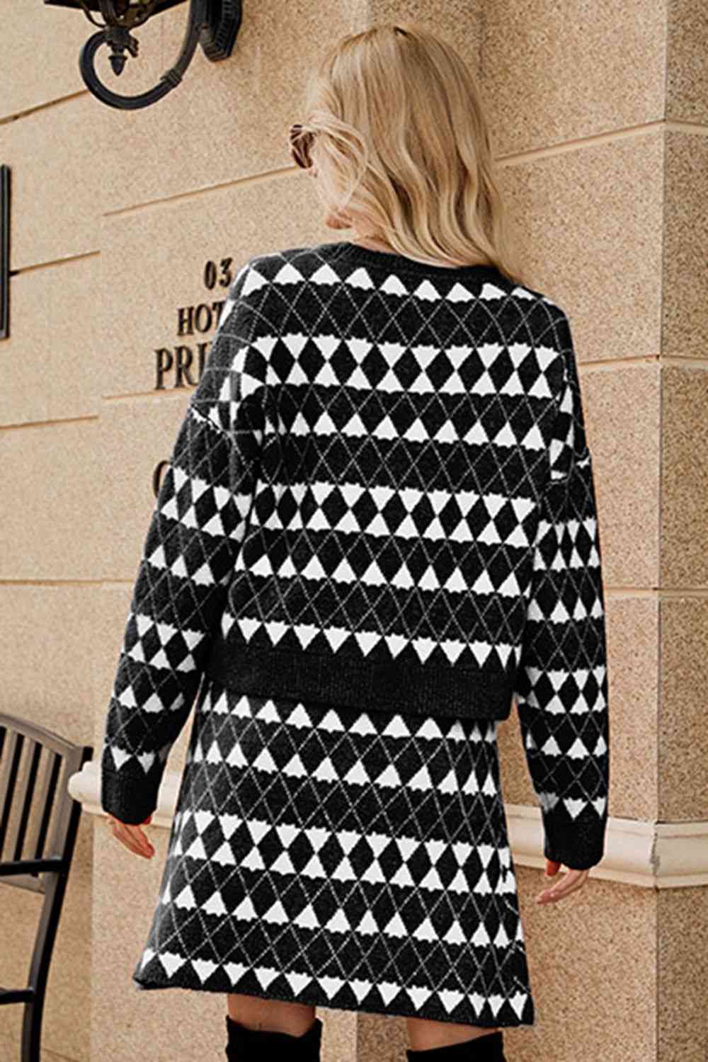 Geometric Dropped Shoulder Cardigan and Knit Skirt Set king-general-store-5710.myshopify.com