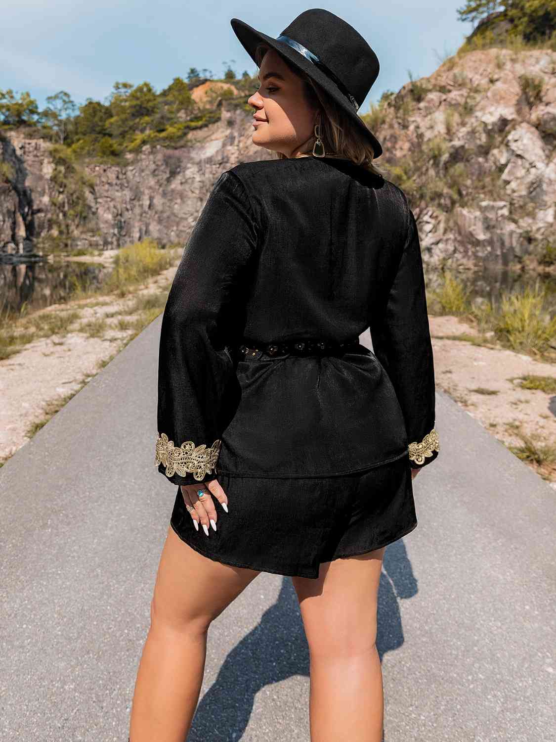 Plus Size Contrast Long Sleeve Top and Shorts Set king-general-store-5710.myshopify.com