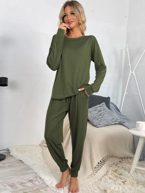 Round Neck Top and Drawstring Pants Lounge Set king-general-store-5710.myshopify.com