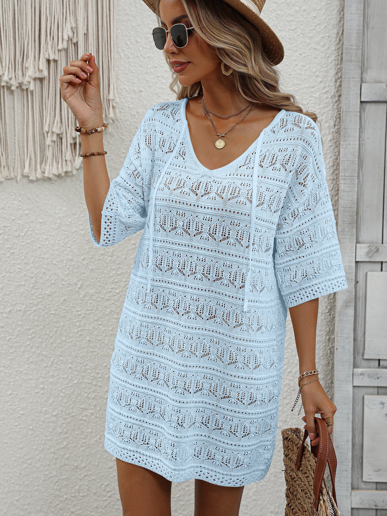 Openwork V-Neck Mini Knit Dress king-general-store-5710.myshopify.com