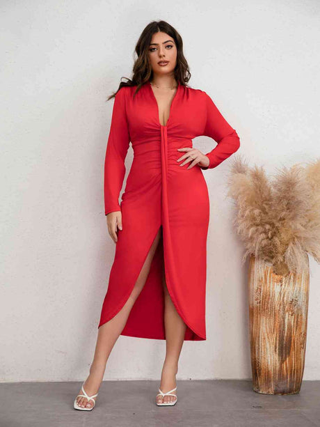 Plus Size Plunge Ruched Slit Dress king-general-store-5710.myshopify.com