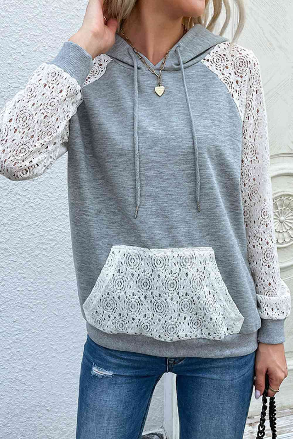 Lace Raglan Sleeve Drawstring Hoodie king-general-store-5710.myshopify.com