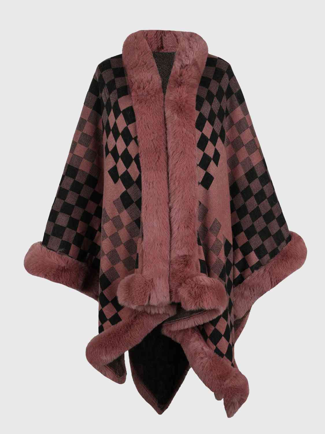 Checkered Faux Fur Trim Poncho king-general-store-5710.myshopify.com