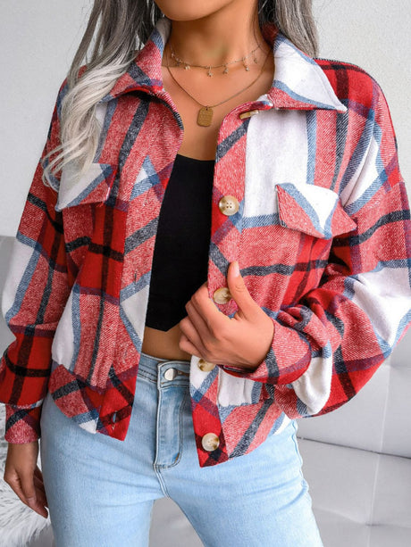 Plaid Collared Neck Drop Shoulder Jacket king-general-store-5710.myshopify.com