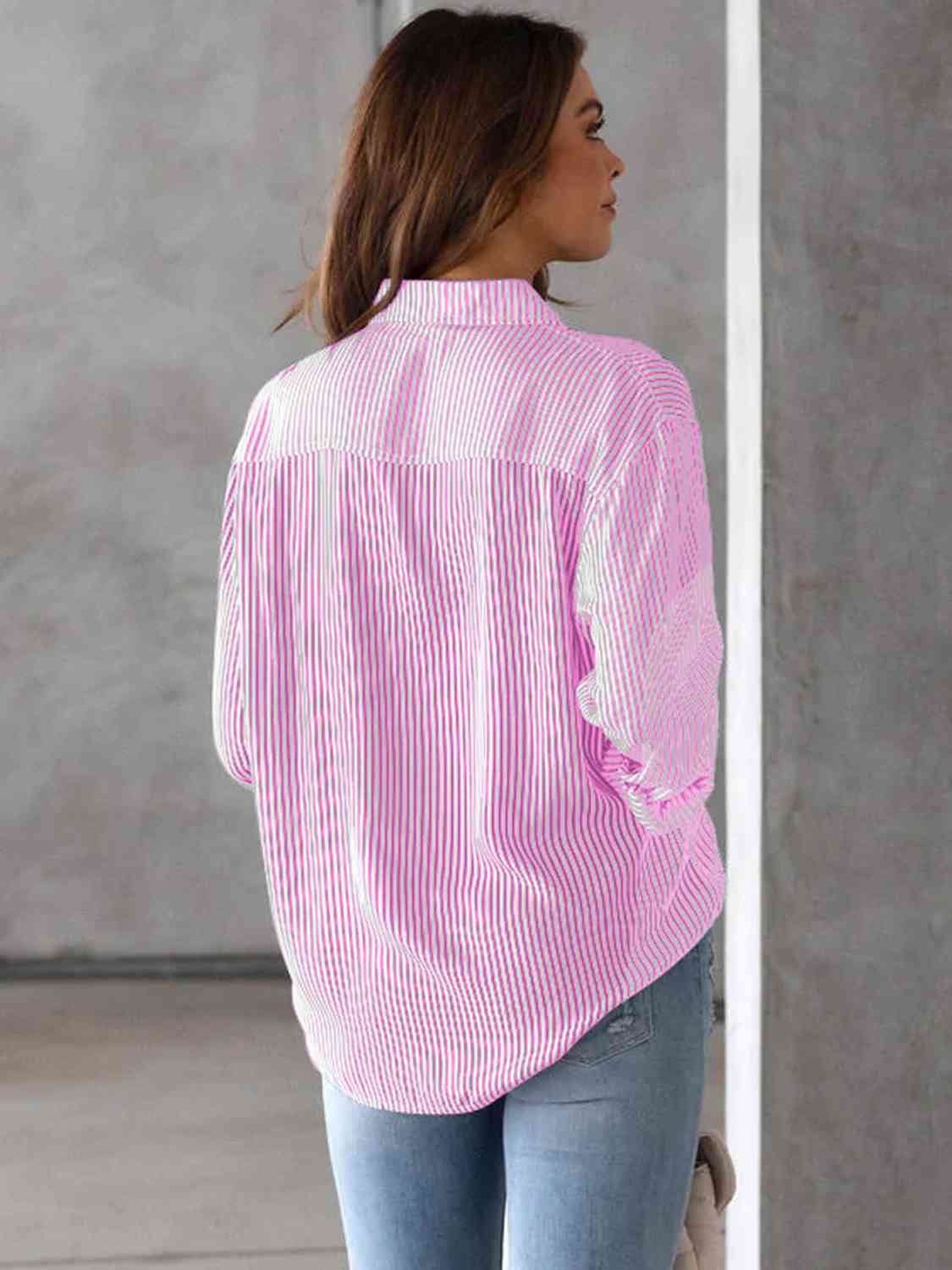 Striped Collared Neck Shirt with Pocket king-general-store-5710.myshopify.com