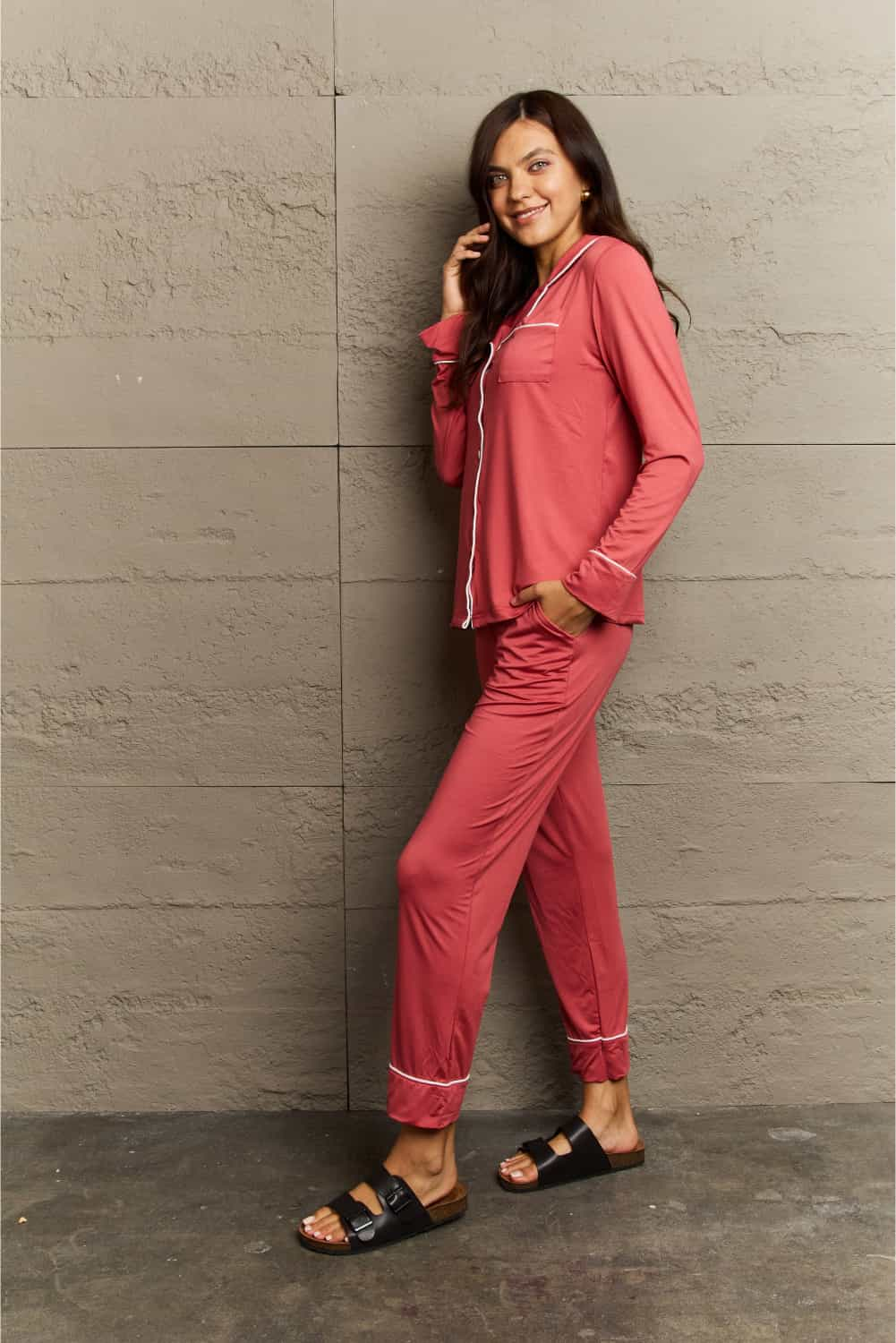 Ninexis Buttoned Collared Neck Top and Pants Pajama Set king-general-store-5710.myshopify.com