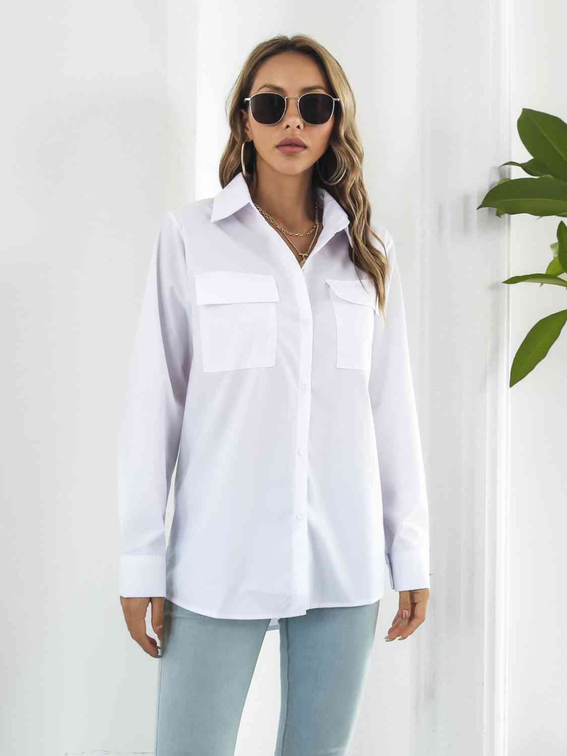 Collared Neck Buttoned Shirt with Pockets king-general-store-5710.myshopify.com