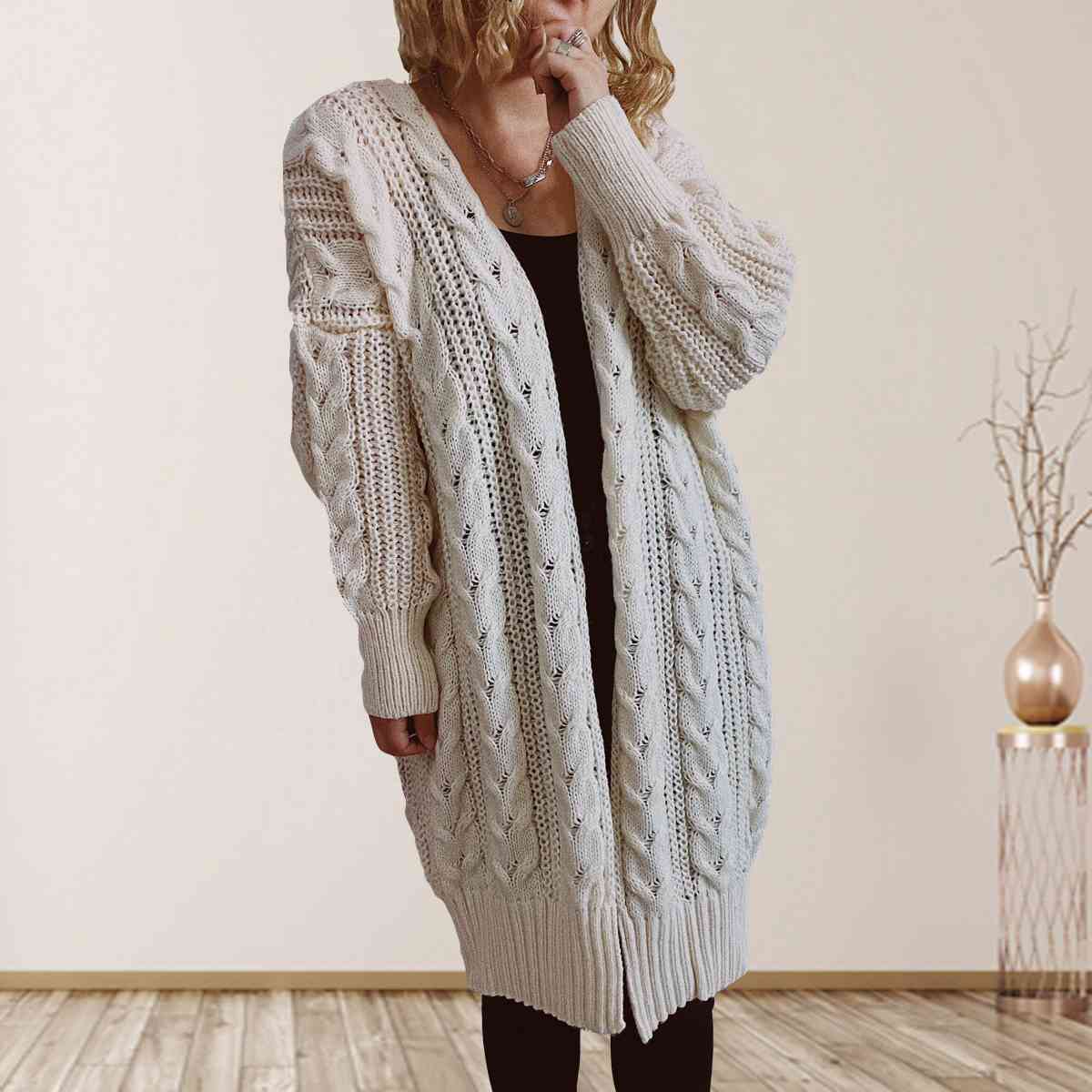 Cable-Knit Open Front Dropped Shoulder Cardigan king-general-store-5710.myshopify.com