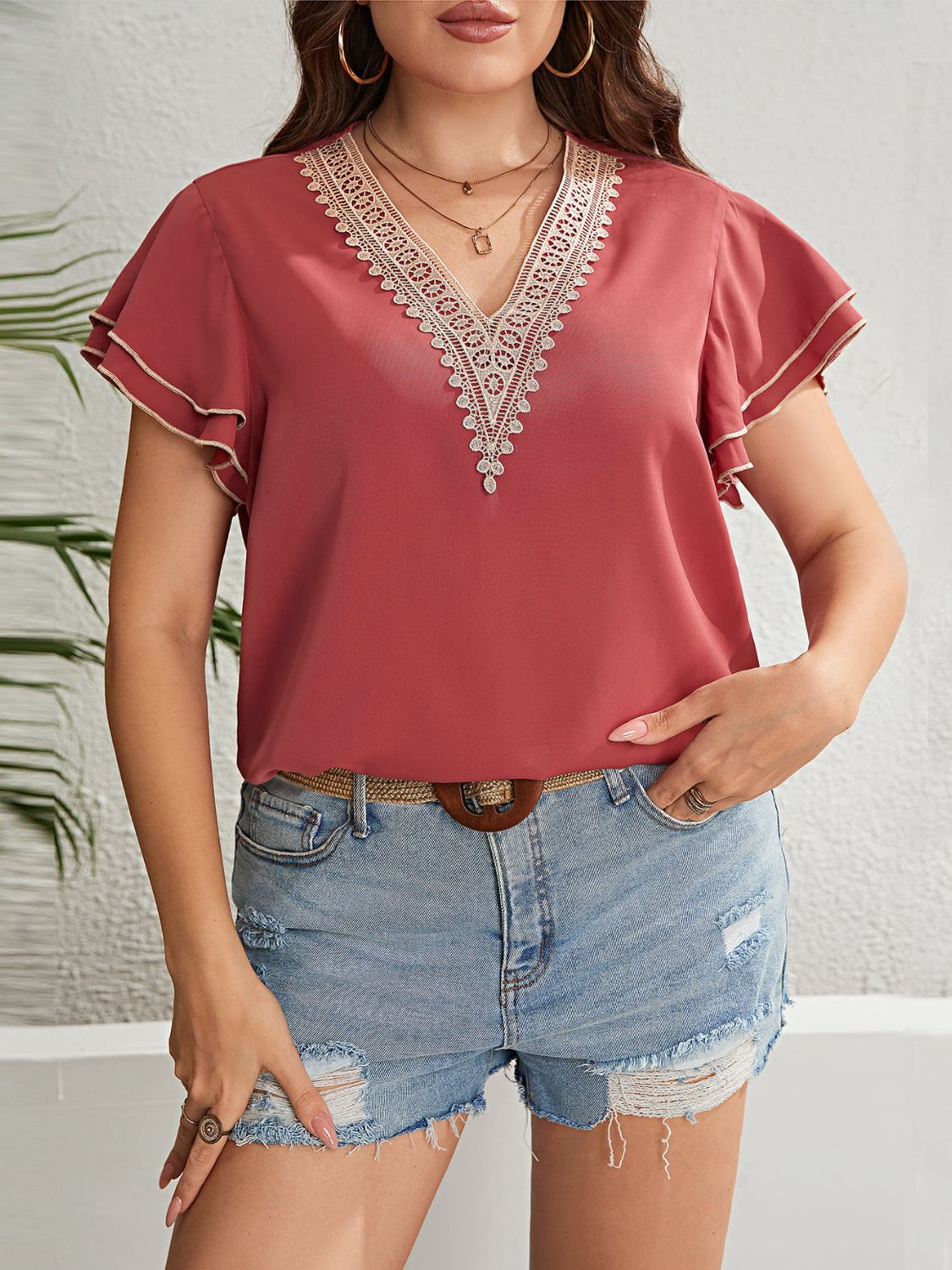 Plus Size Contrast V-Neck Layered Flutter Sleeve Blouse king-general-store-5710.myshopify.com