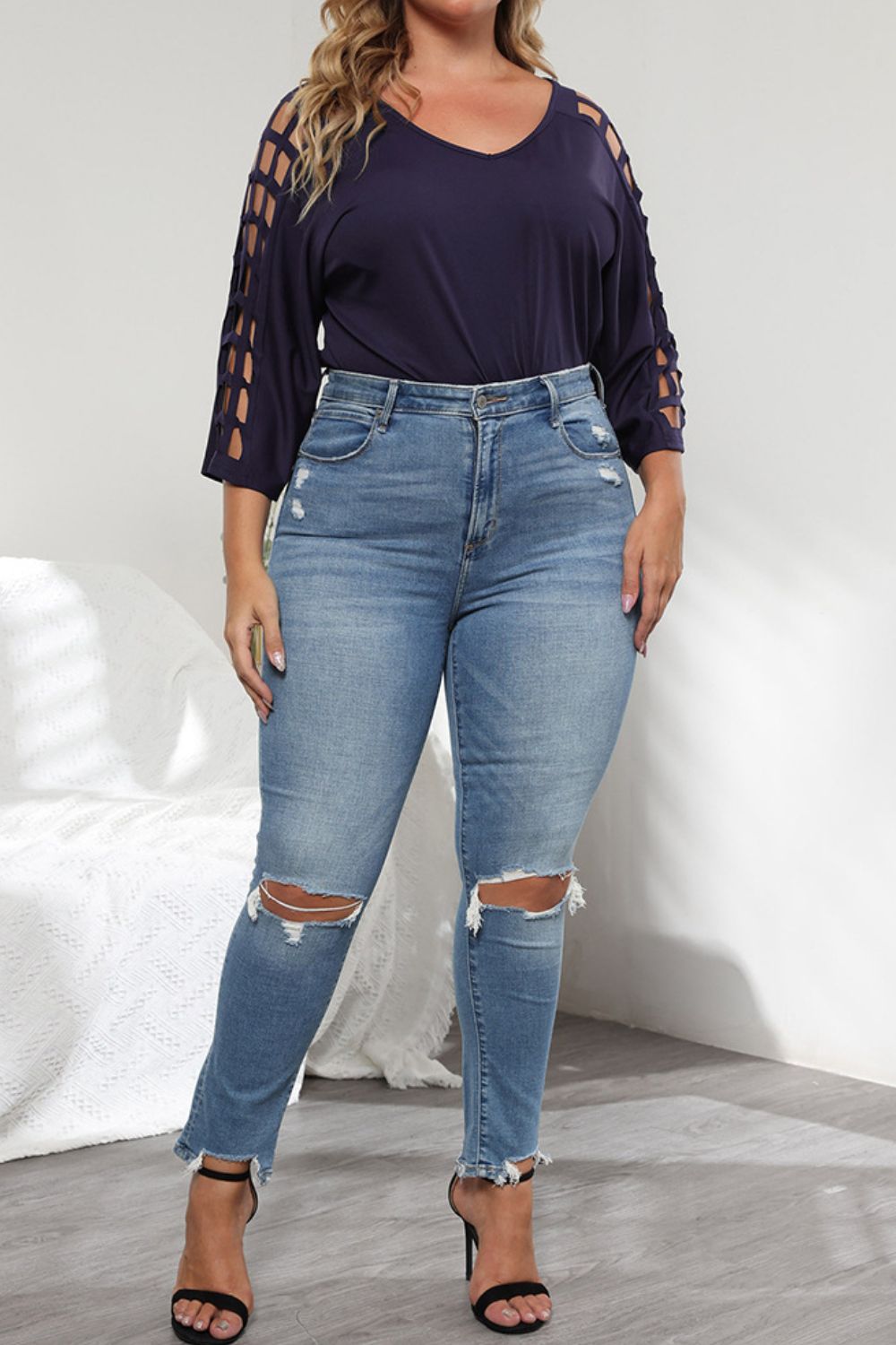 Plus Size Cutout Three-Quarter Sleeve Blouse king-general-store-5710.myshopify.com