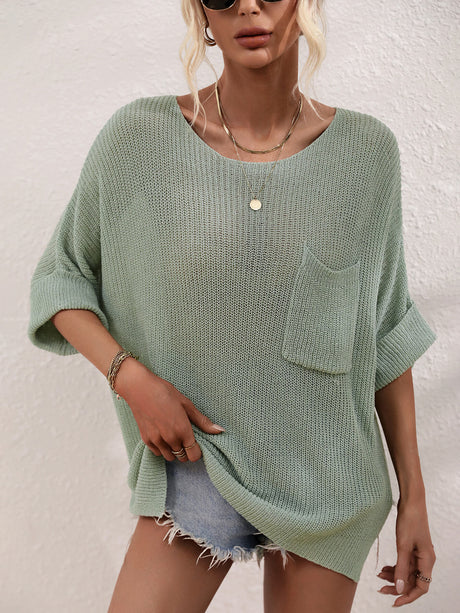 Boat Neck Cuffed Sleeve Slit Tunic Knit Top king-general-store-5710.myshopify.com