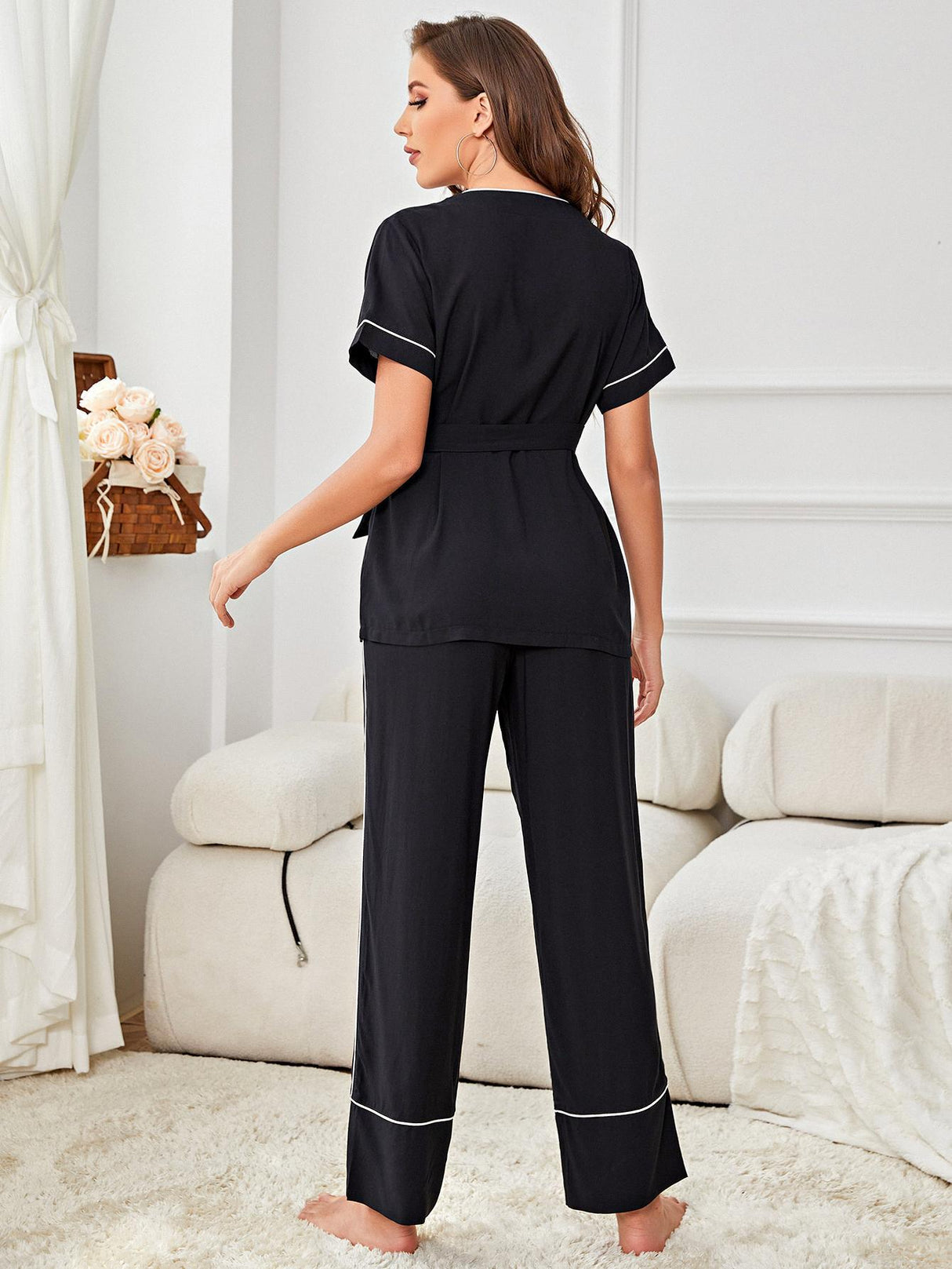 Contrast Piping Belted Top and Pants Pajama Set king-general-store-5710.myshopify.com