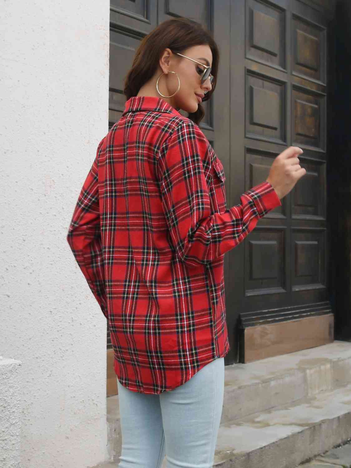 Plaid Collared Neck Buttoned Shirt with Pockets king-general-store-5710.myshopify.com