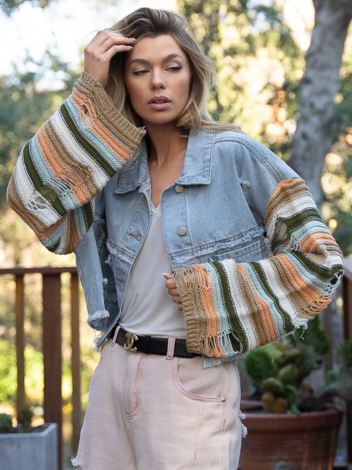 Distressed Striped Long Sleeve Denim Jacket king-general-store-5710.myshopify.com