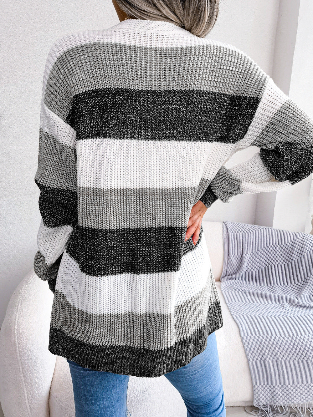 Striped Rib-Knit Open Front Longline Cardigan king-general-store-5710.myshopify.com