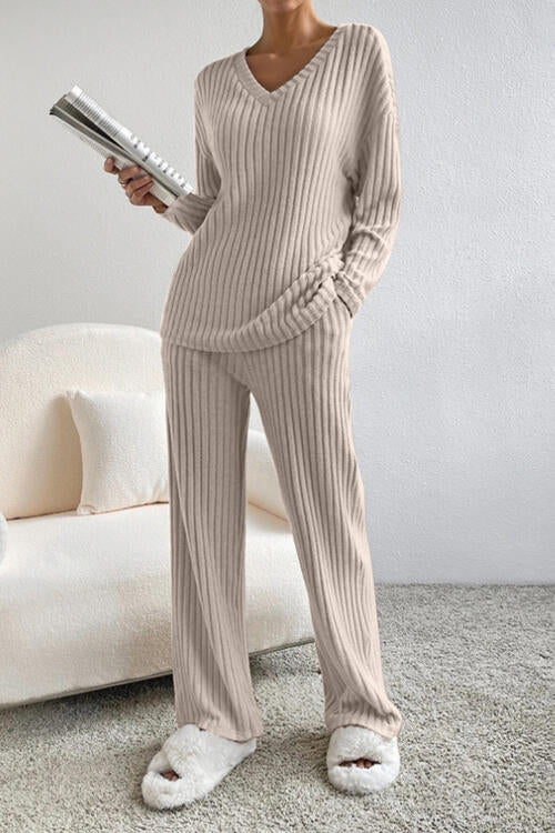 Ribbed V-Neck Top and Pants Set king-general-store-5710.myshopify.com