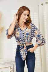 Double Take Tie Hem V-Neck Three-Quarter Sleeve Blouse king-general-store-5710.myshopify.com