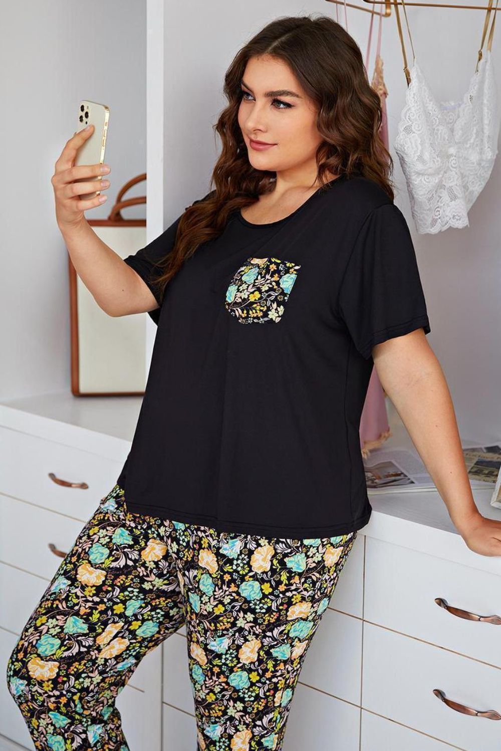 Plus Size Contrast Round Neck Tee and Floral Pants Lounge Set king-general-store-5710.myshopify.com