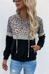 Leopard Color Block Long Sleeve Drawstring Hoodie king-general-store-5710.myshopify.com