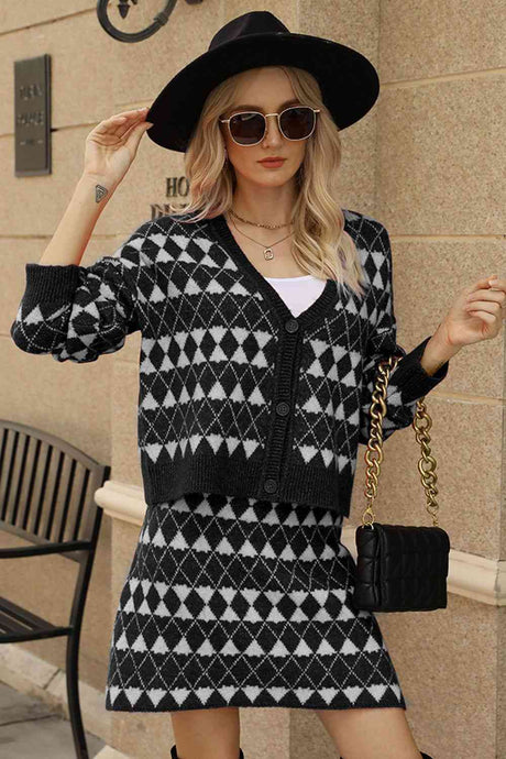 Geometric Dropped Shoulder Cardigan and Knit Skirt Set king-general-store-5710.myshopify.com