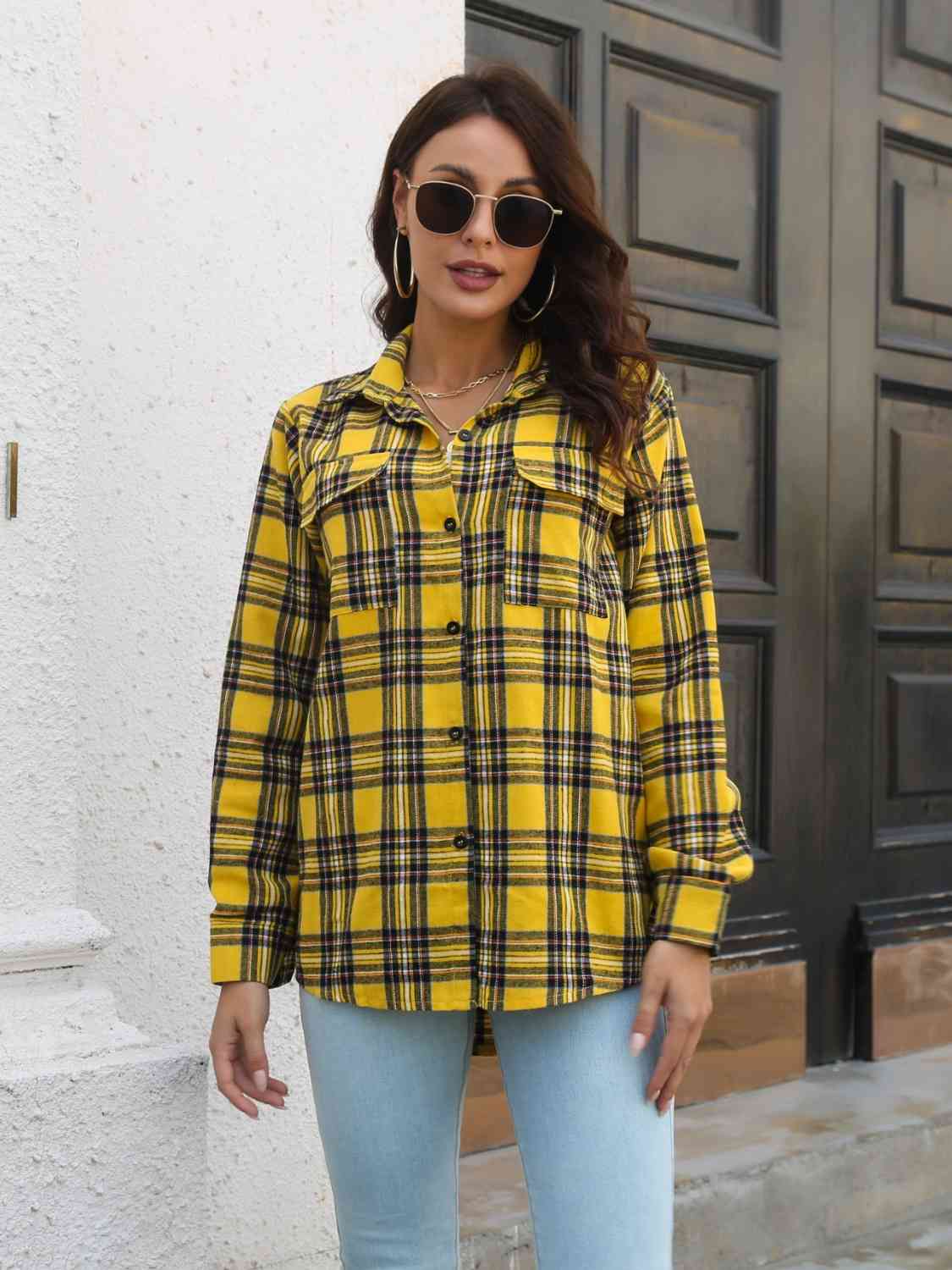 Plaid Collared Neck Buttoned Shirt with Pockets king-general-store-5710.myshopify.com