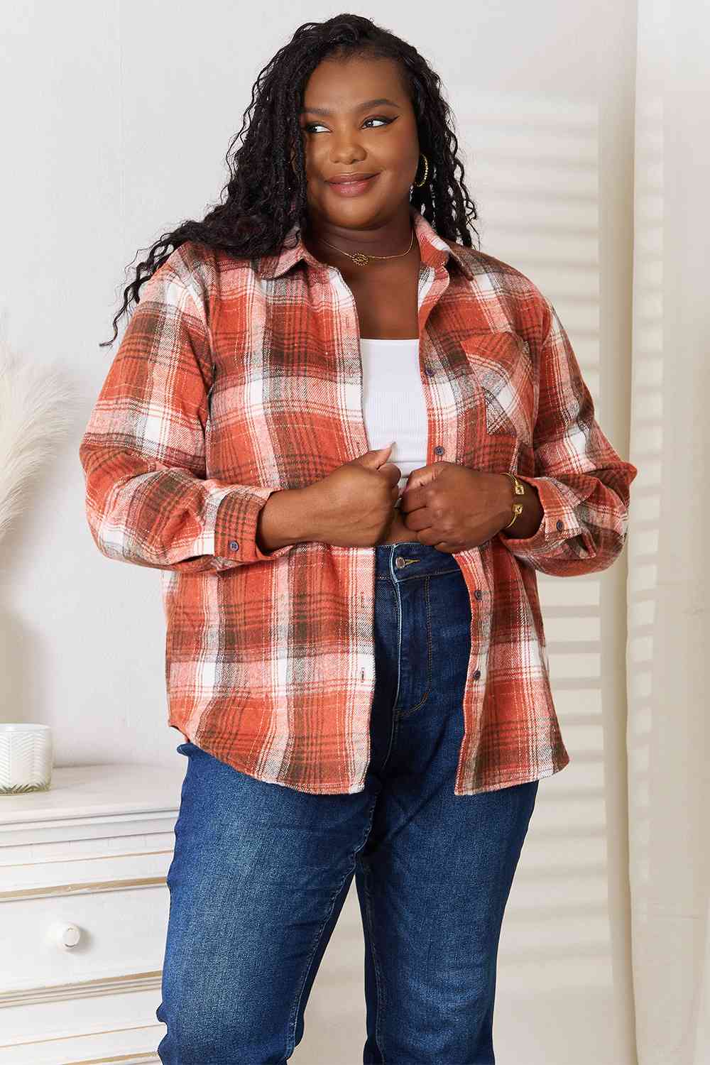 Double Take Plaid Collared Neck Long Sleeve Shirt king-general-store-5710.myshopify.com