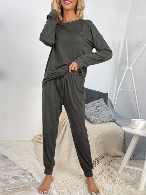 Round Neck Top and Drawstring Pants Lounge Set king-general-store-5710.myshopify.com