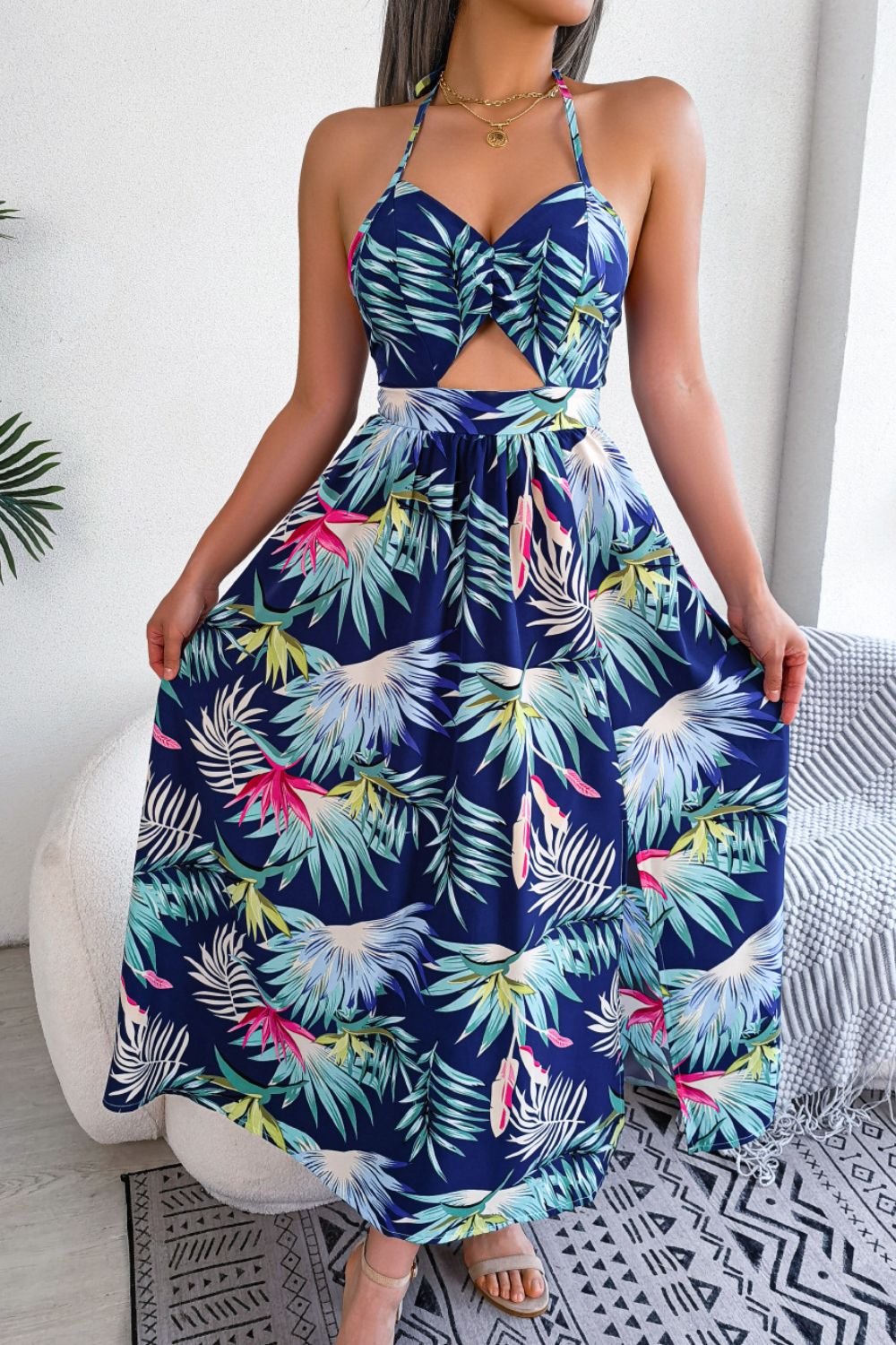 Botanical Print Tied Backless Cutout Slit Dress king-general-store-5710.myshopify.com