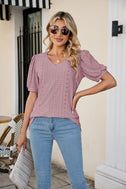 Eyelet Puff Sleeve V-Neck Top king-general-store-5710.myshopify.com