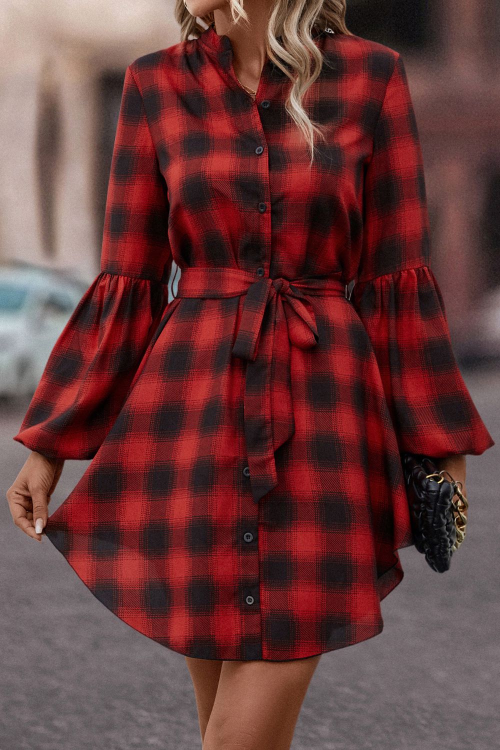 Plaid Tie Waist Balloon Sleeve Mini Dress king-general-store-5710.myshopify.com