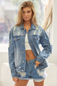 BiBi Pearl Detail Distressed Button Up Denim Jacket king-general-store-5710.myshopify.com