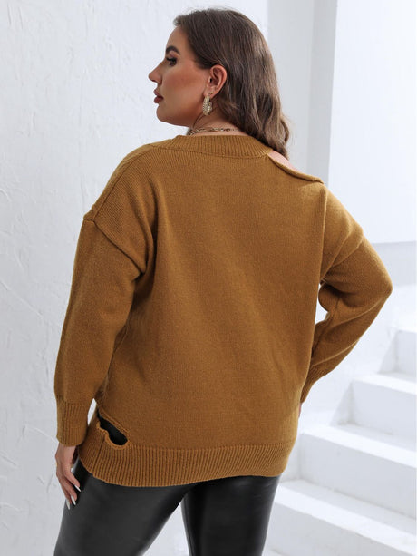 Plus Size Cutout V-Neck Sweater king-general-store-5710.myshopify.com