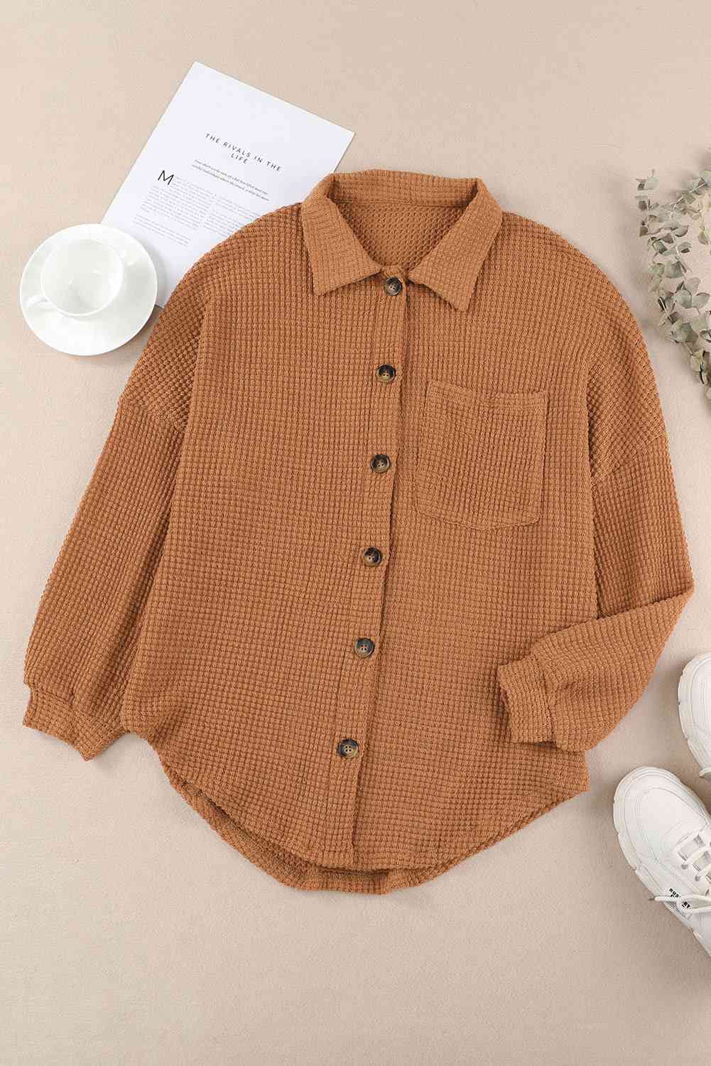 Waffle-Knit Button Up Long Sleeve Shirt with Pocket king-general-store-5710.myshopify.com