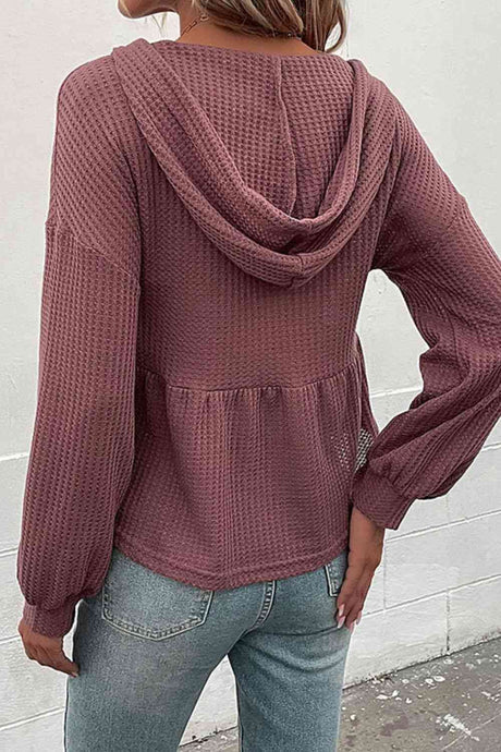 Waffle-Knit Buttoned Drop Shoulder Hoodie king-general-store-5710.myshopify.com