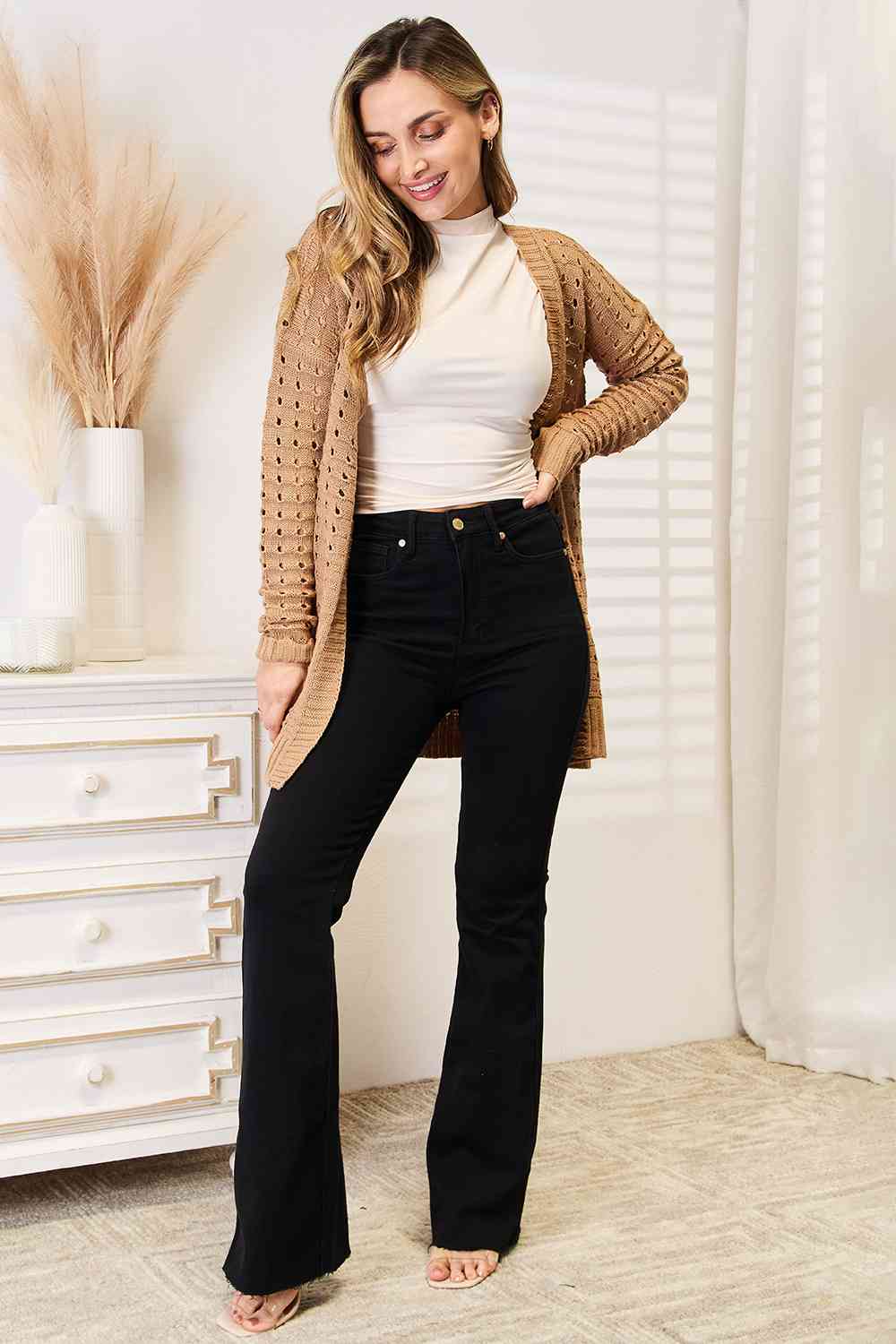 Woven Right Openwork Horizontal Ribbing Open Front Cardigan king-general-store-5710.myshopify.com