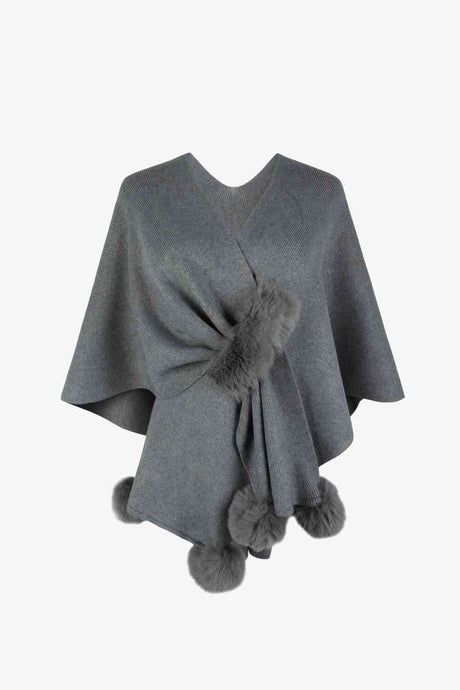 Surplice Neck Pom-Pom Trim Poncho king-general-store-5710.myshopify.com