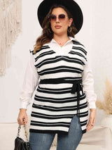 Plus Size Striped Colared Neck Tied Front Sweater Vest king-general-store-5710.myshopify.com