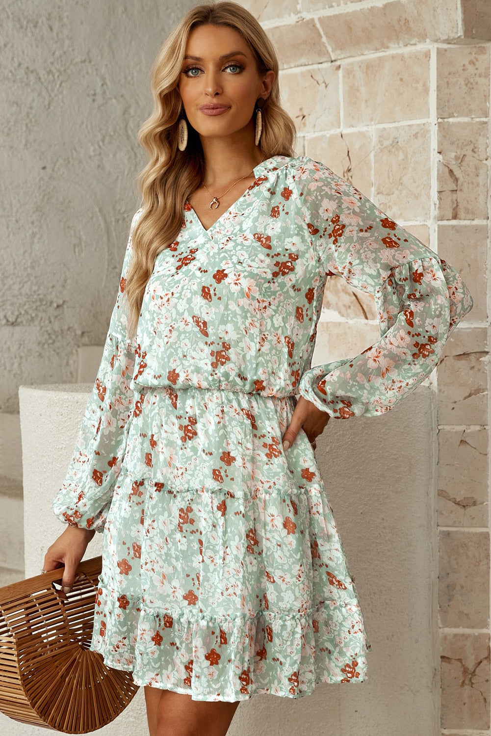 Floral Frill Trim Puff Sleeve Notched Neck Dress king-general-store-5710.myshopify.com