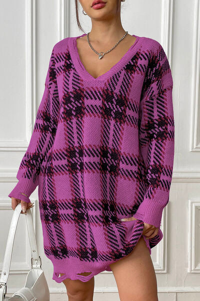 Plaid V-Neck Long Sleeve Sweater Dress king-general-store-5710.myshopify.com