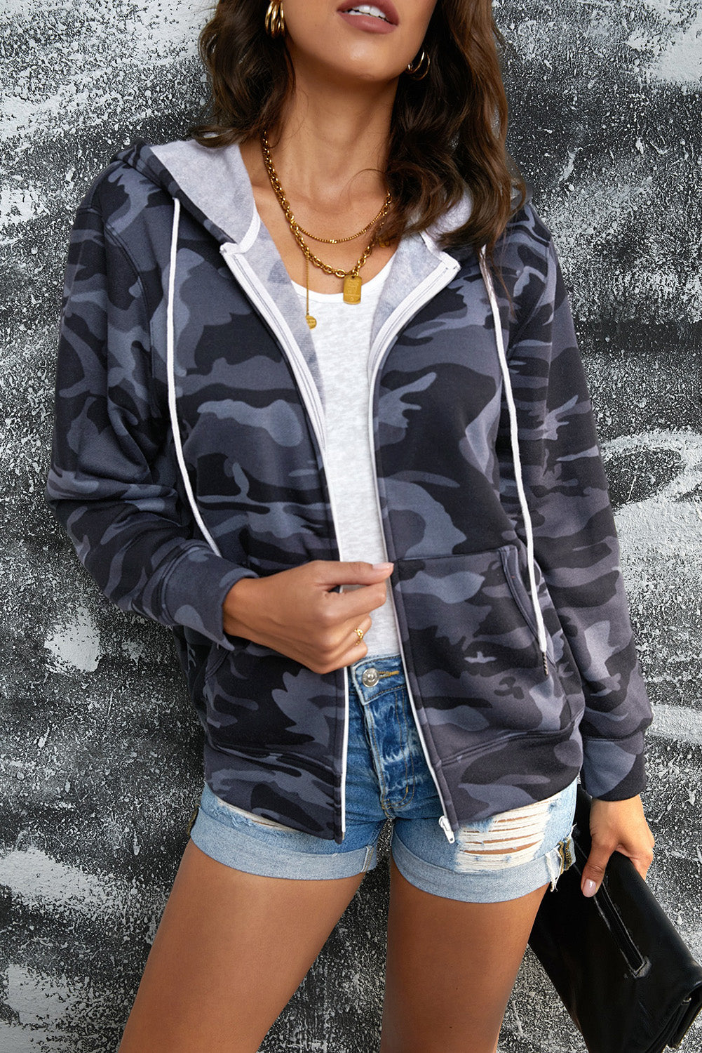 Camouflage Drawstring Detail Zip Up Hooded Jacket king-general-store-5710.myshopify.com