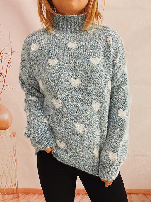 Heart Heathered Turtleneck Drop Shoulder Sweater king-general-store-5710.myshopify.com