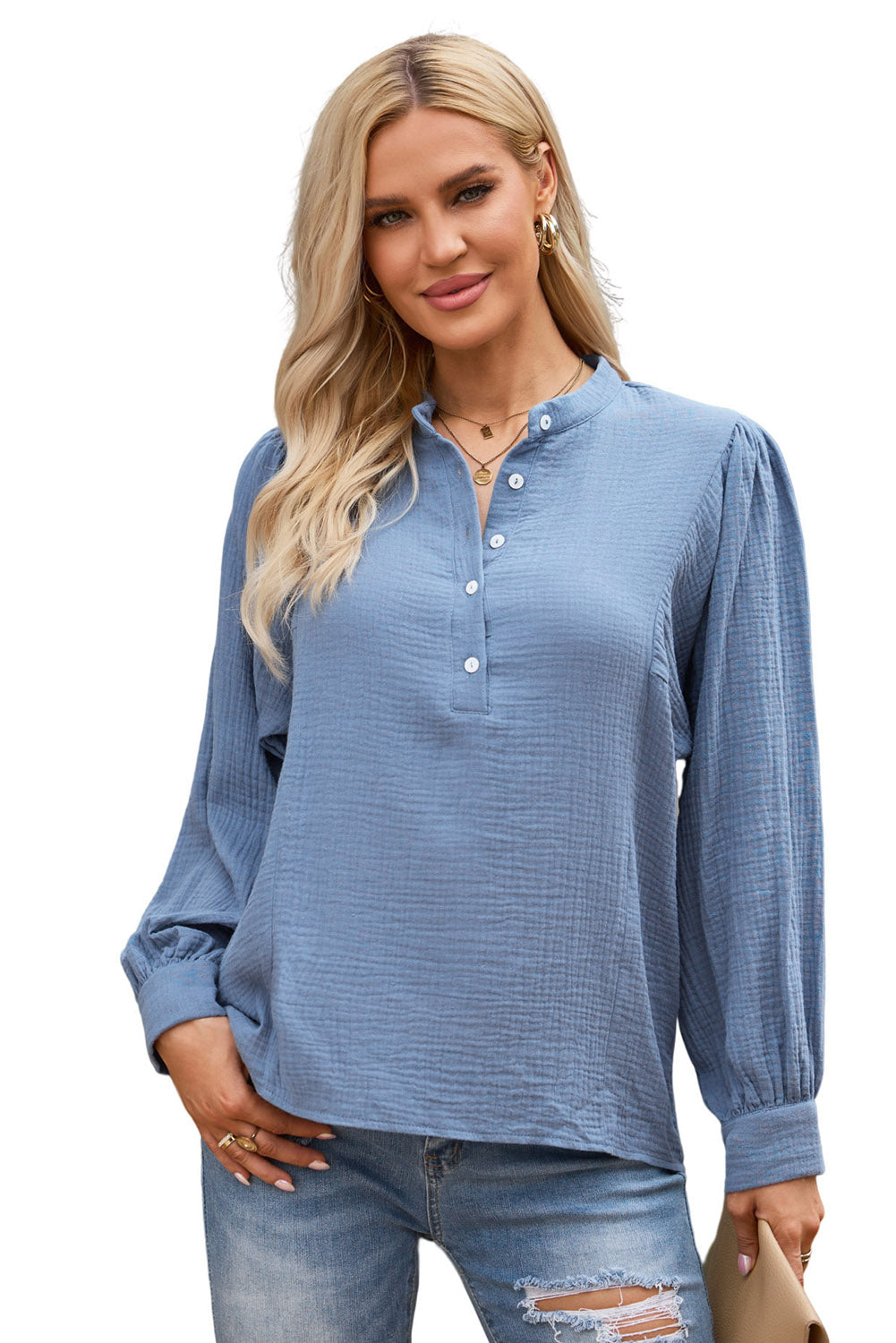 Half Button Puff Sleeve Blouse king-general-store-5710.myshopify.com