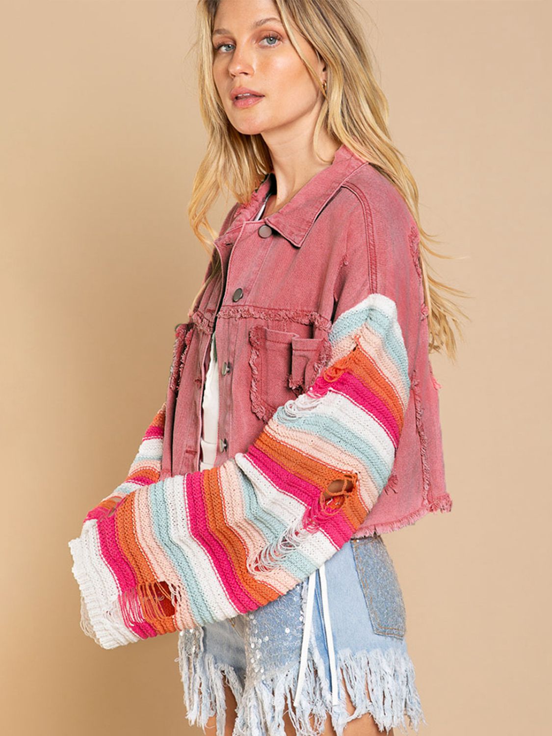 Distressed Striped Long Sleeve Denim Jacket king-general-store-5710.myshopify.com