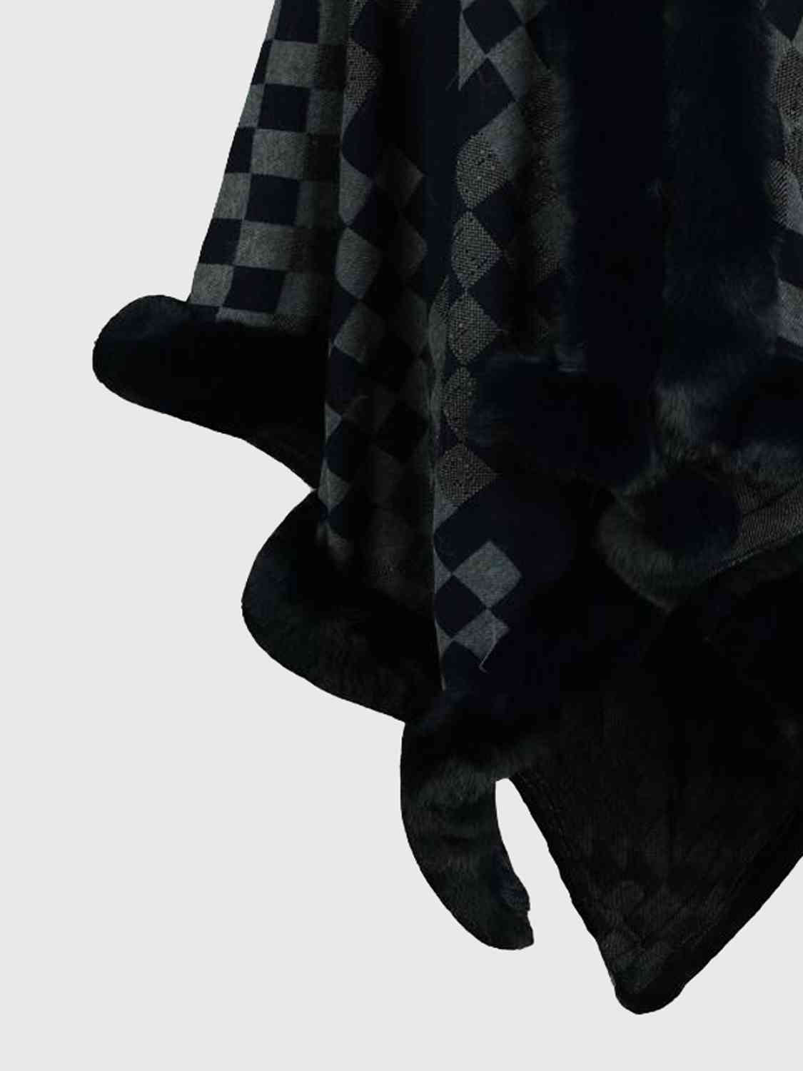 Checkered Faux Fur Trim Poncho king-general-store-5710.myshopify.com