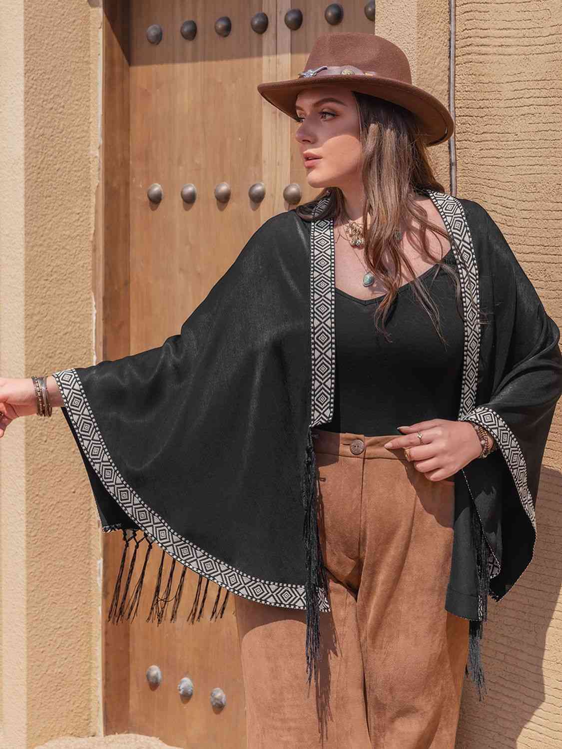 Plus Size Geometric Open Front Fringe Hem Cardigan king-general-store-5710.myshopify.com