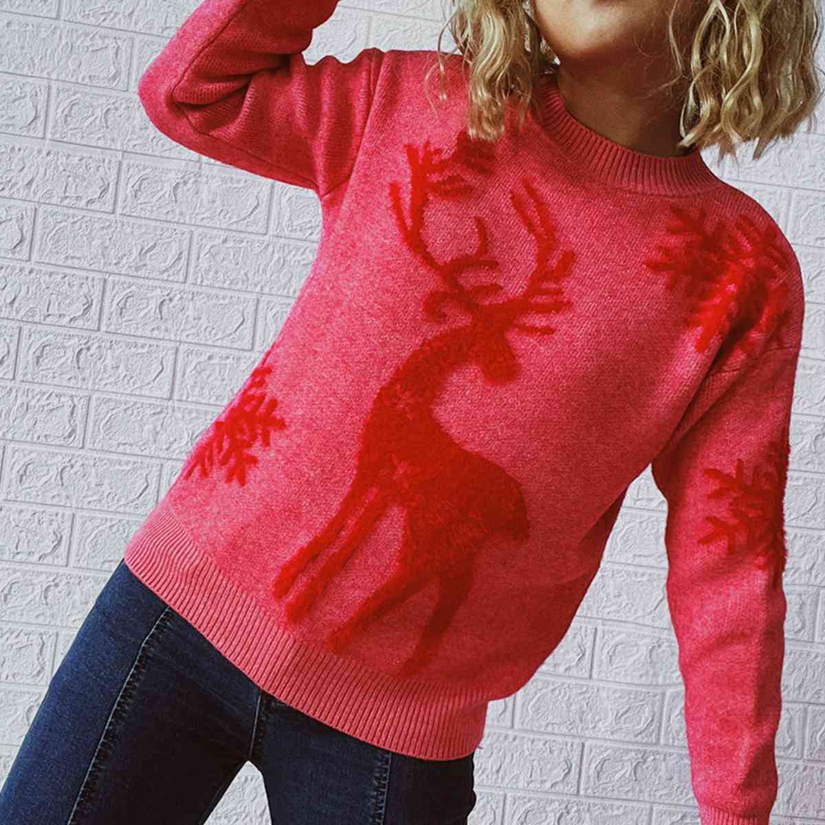 Reindeer and Snowflake Pattern Sweater king-general-store-5710.myshopify.com