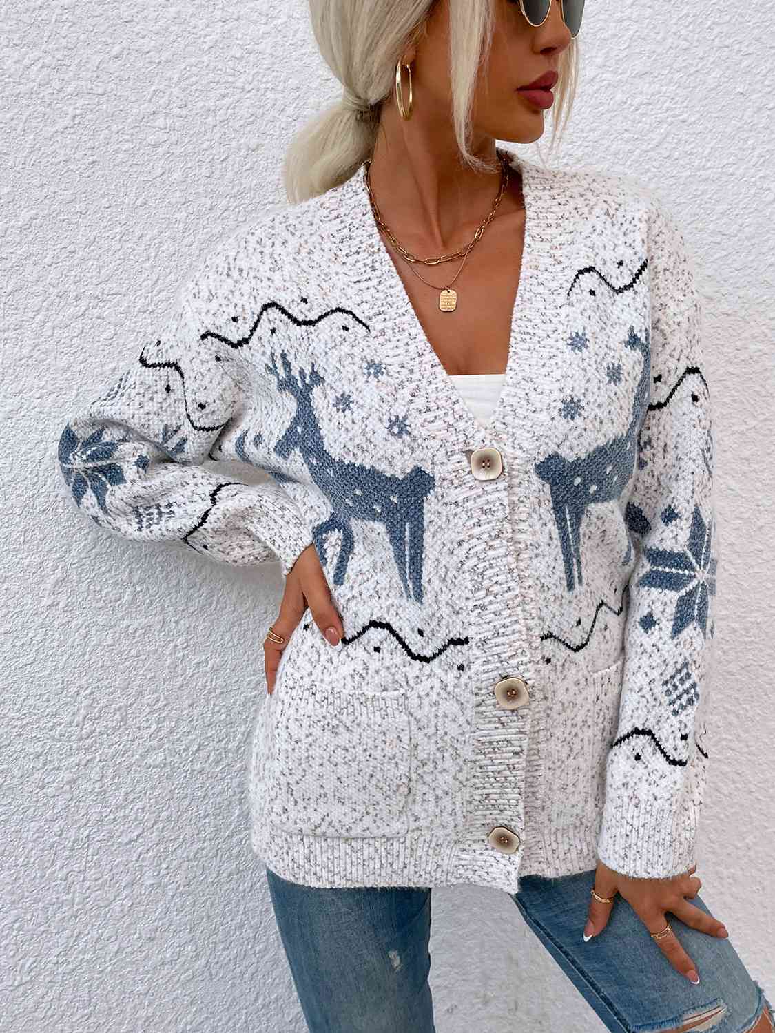 Reindeer Button Down Cardigan with Pockets king-general-store-5710.myshopify.com