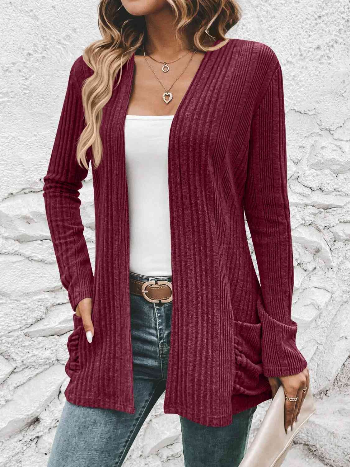 Ribbed Open Front Cardigan with Pockets king-general-store-5710.myshopify.com